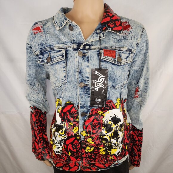 Reason Clothing Men's Med/Wm's L Large Skulls and Roses Distressed Denim Jacket - Picture 1 of 11
